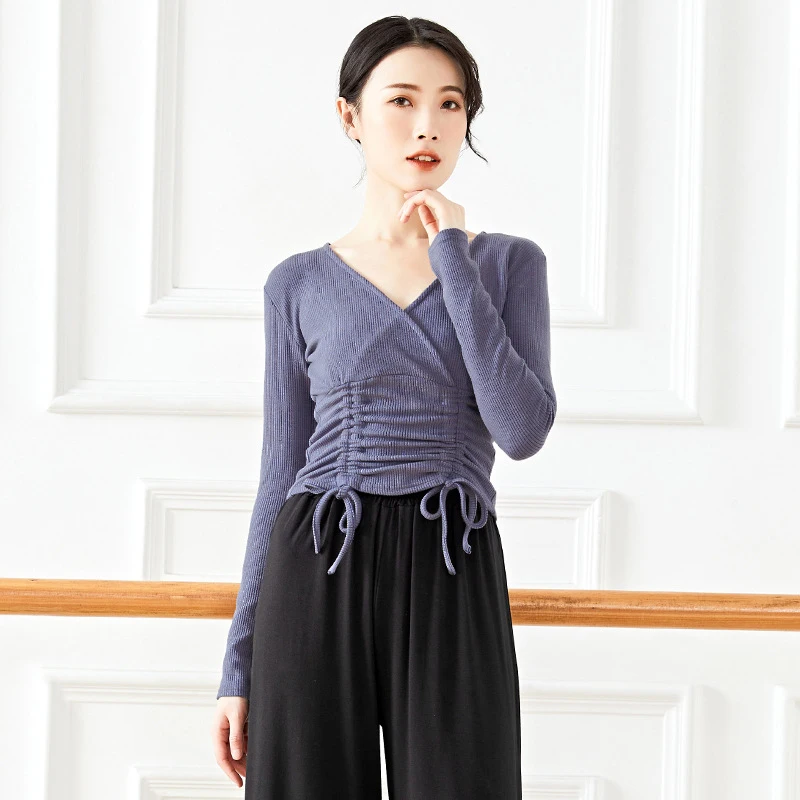 

Осень-зима V образным вырезом взрослая балетная обертка Вязание Высокая талия блуза для девушек с длинным рукавом танцевальные Топы для женщин