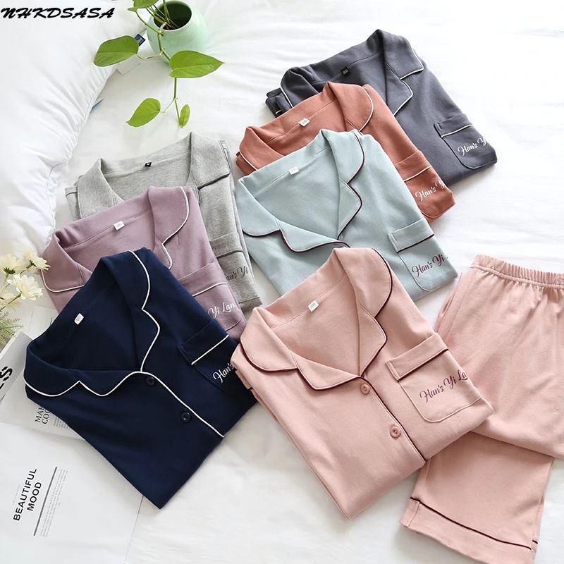 NHKDSASA Sleepwear Women's Pajamas Loungewear Autumn Trousers Ladies Pyjamas Suit Cotton Long Pijamas Femme Men Couples Clothes
