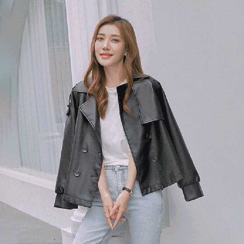 Herbst Mädchen Moto Biker Leder Jacke Frauen Schwarz PU Frühling Mantel Zweireiher Koreanischen Stil Lose Beiläufige Outwear Streetwear