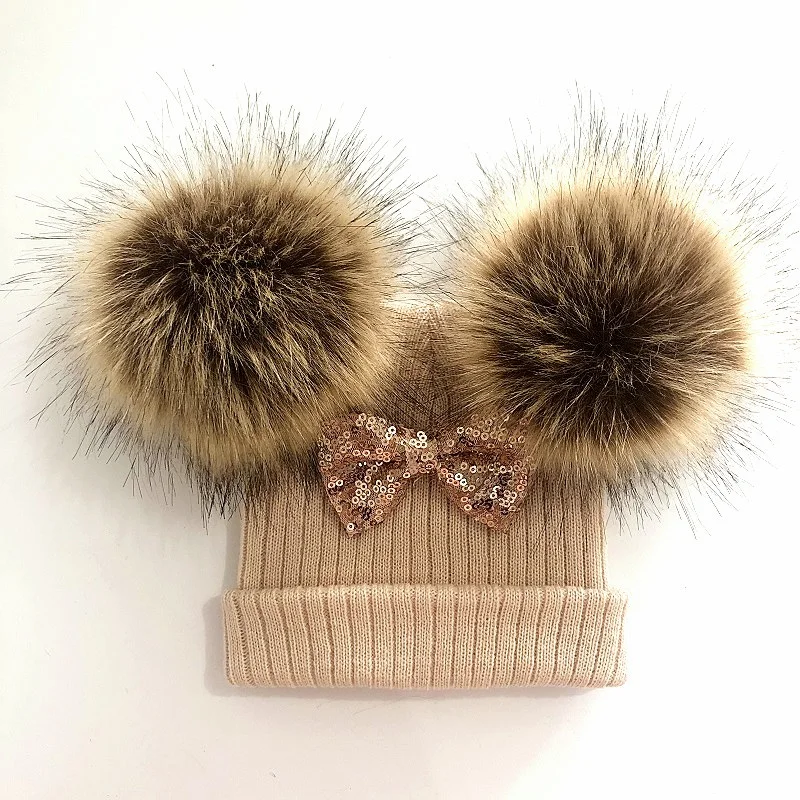 Baby Girl Knit Glitter Bow Knot Double Pompom Hat Faux Fur Winter Cap For Kids Children Beanie Bonnet