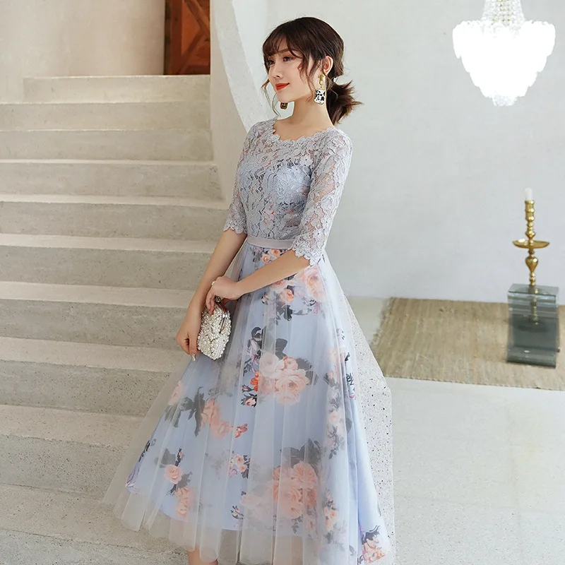 Vestidos de dama de honor elegantes con estampado de flores para mujer, vestido de fiesta de encaje corto, Media manga, vestidos de noche bordados, nuevo