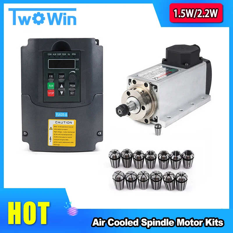 CNC 1.5KW/2.2W 110V/220V Air-Cooled Spindle Kit Square Air Cooling Spindle Motor + VFD Inverter + 13pcs/Set ER11/ER20