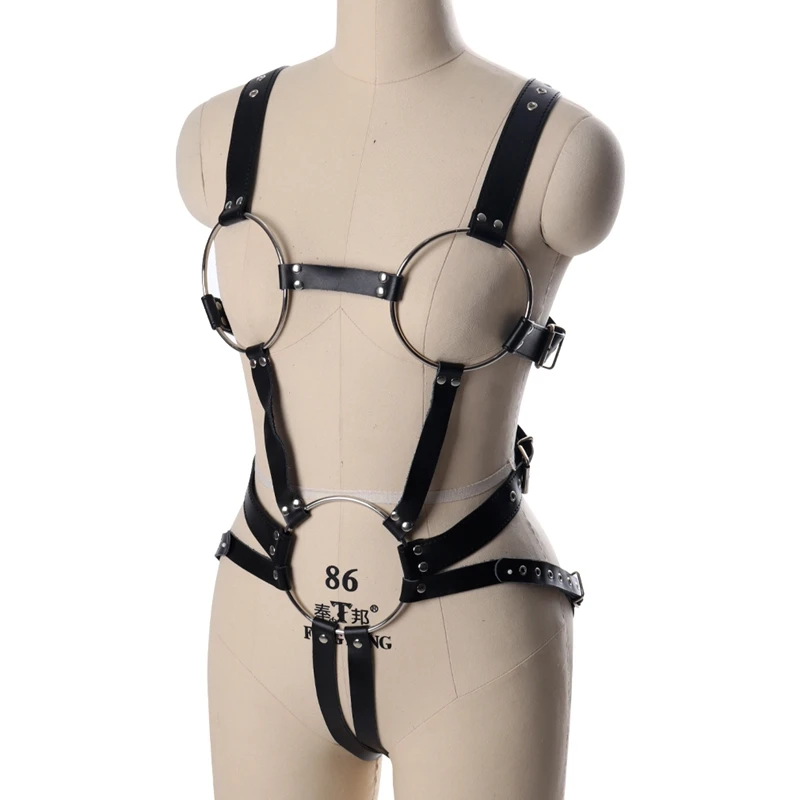 Sexy BDSM Leather Body Bondage Harness Erotic Underwear Punk Halter Pole Dance Dress Women Goth Sword Belts Stocking Garter Belt