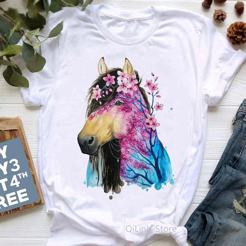 

Watercolor Floral Horse Animal Print Women'S Vintage T Shirt Summer 2024 Lady Clothes White Short Sleeve Top Camisetas Mujer Tee