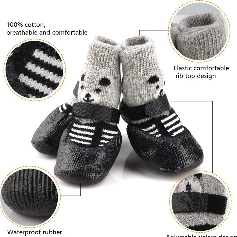 4Pcs/set Cute Pet Dog Shoes Rubber Cotton Socks Waterproof Non-slip Dog Rain Snow Boots Socks Footwear For Puppy Small Cats Dogs