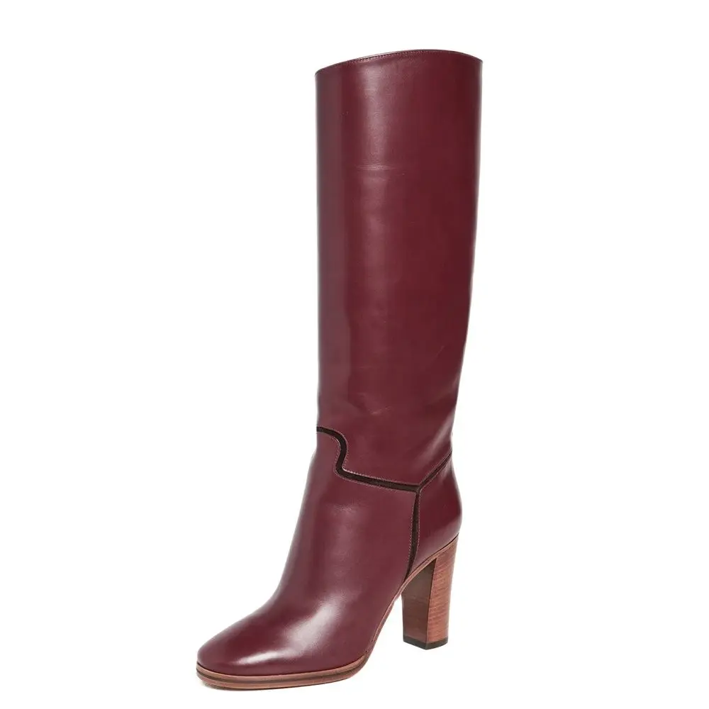 Burgundy Leather Knee High Boots Block High Heel Round Toe Slip On Runway Dress Women Shoes Square Heel Custom Made Shoes