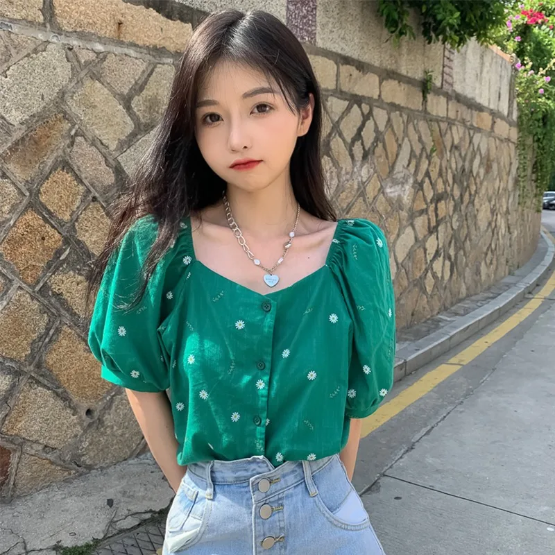 Sweet Puff Sleeve Shirts Women Summer Retro Elegant Cute Basic Daily Tops Students Floral Printed Modern Streetwear Simple Chic