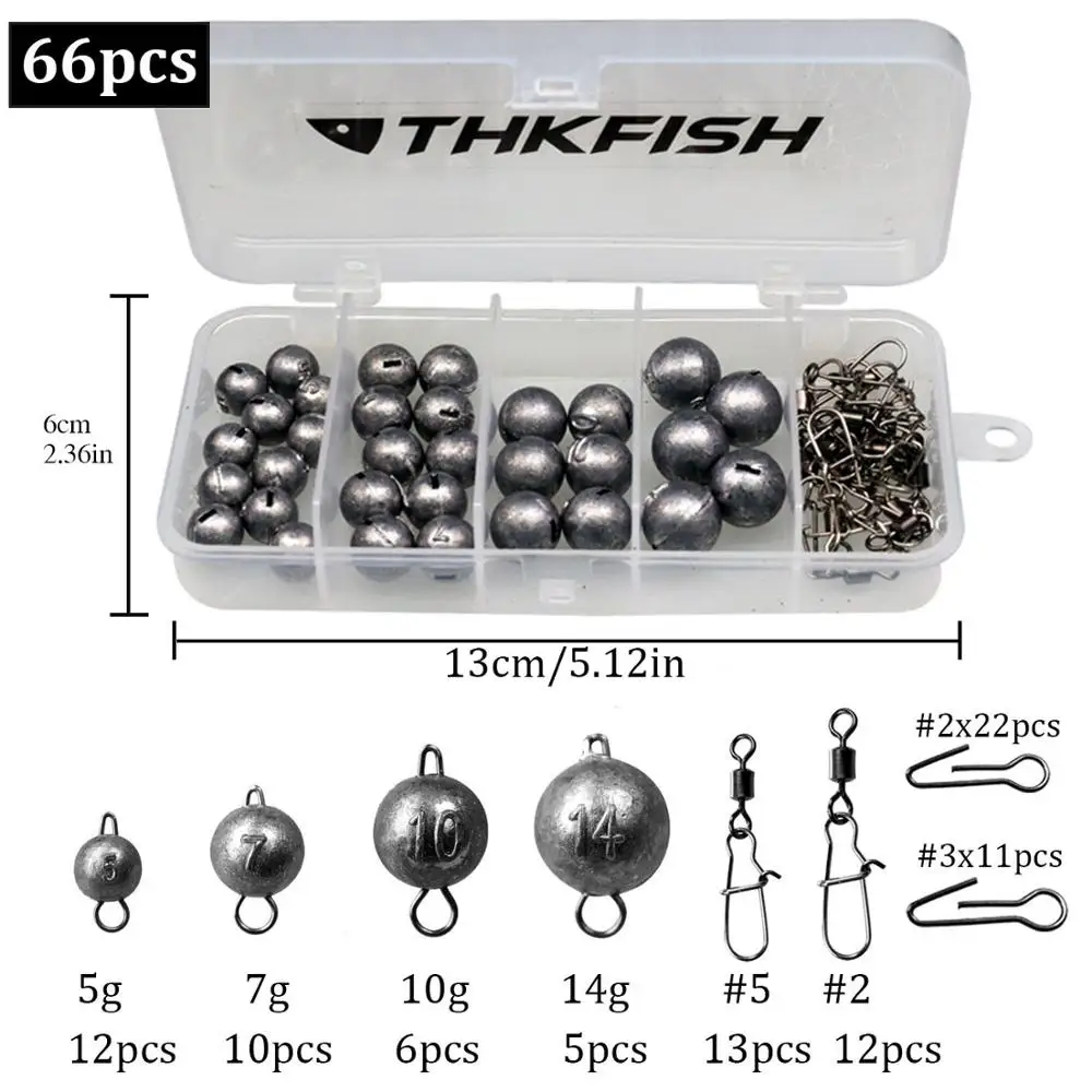 THKFISH 66pcs Fishing Sinkers Kits  5g 7g 10g 14g 20g 46pcs Round Pendant Lead Sinker For Lure Fishing Weight Dropshot Set