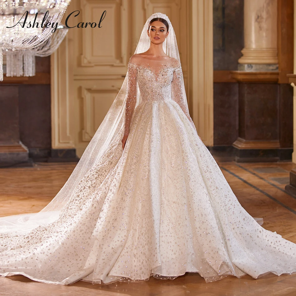 Ashley Carol Luxury Wedding Dresses For Women 2024 Bride Long Sleeve Princess Sparkling Beaded Bridal Dress Vestidos De Novia