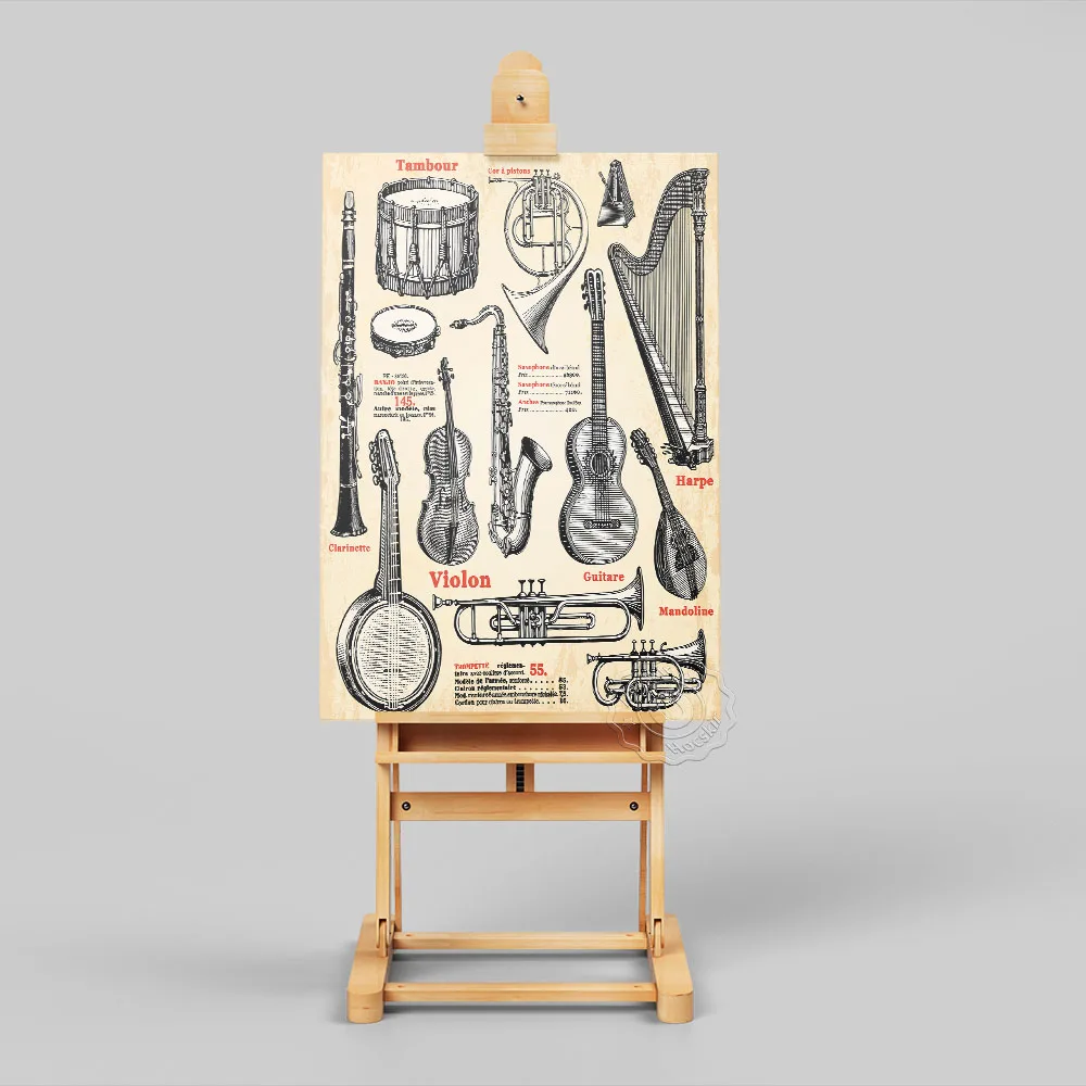 Nostalgic Style Magazine Catalog Poster, Instruments Clarinet Violin Horn Harp Art Prints, Vintage Musical Fans Collect Decor