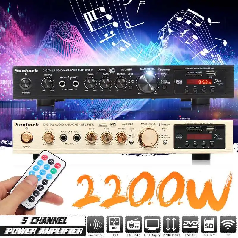 2200W bluetooth 5 Channel Power Amplifier HiFi Stereo Speaker Amp Support FM Radio 2 Mic USB SD Card Input