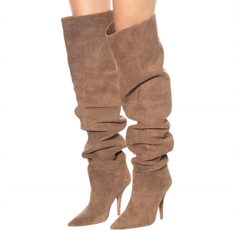 

Fall Winter Runway Boots Brown Suede Pleated Loose Over The Knee Tight High Boots Pointed Toe Cone Heels Fashion Long Boots
