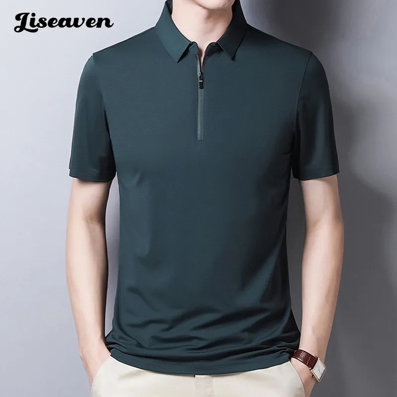 Liseaven 7 Colors 2024 summer casual t shirt men short sleeve turn down collar t-shirt slim fit sold color shirts for men