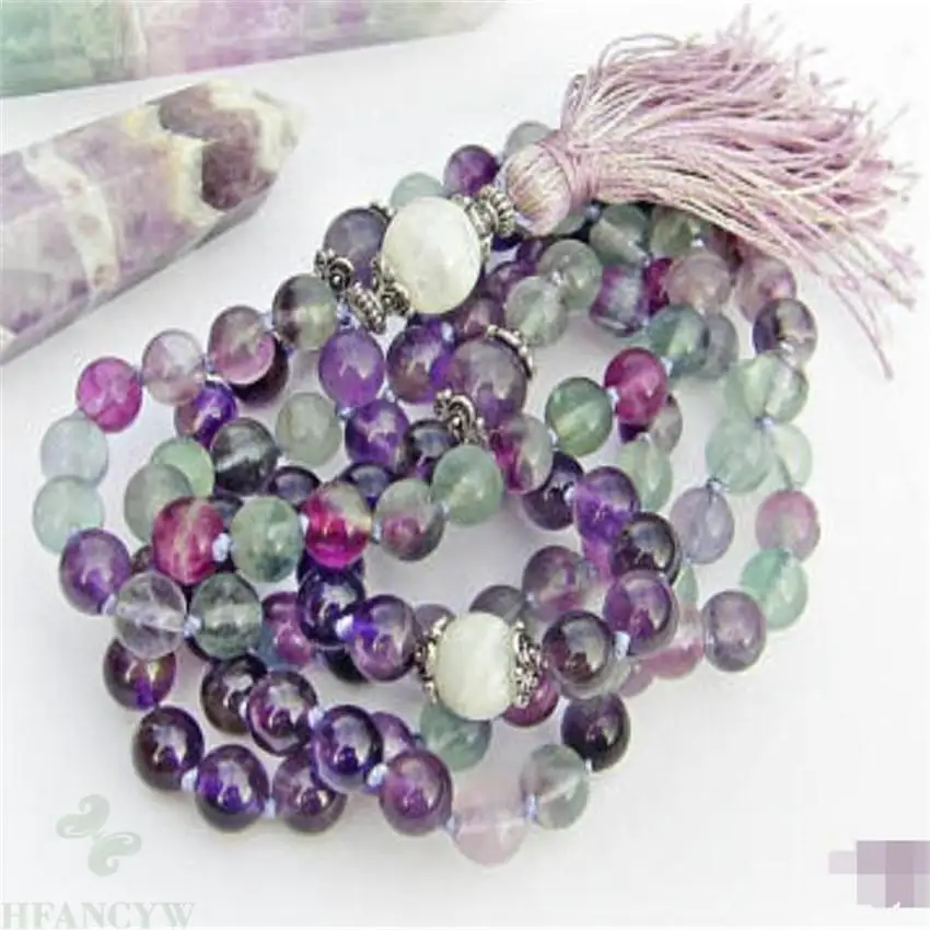 8mm fluorite Amethyst Moonstone Gemstone Mala necklace 108 Bead Reiki yoga Gemstone Meditation Fancy Veins Nepal Bless Chakas