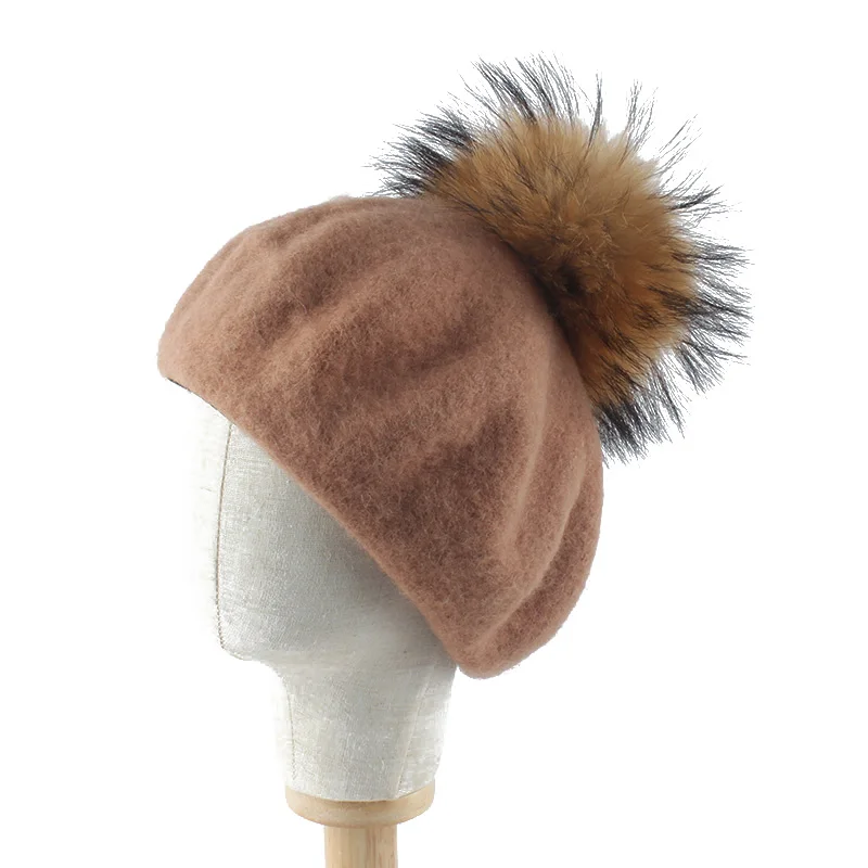 Autumn Winter 100% Wool Women\'s Beret Cap 15cm Big Real Natural Raccoon Fur Pompom Hat Mom Girls Pumpkin Hat For Women