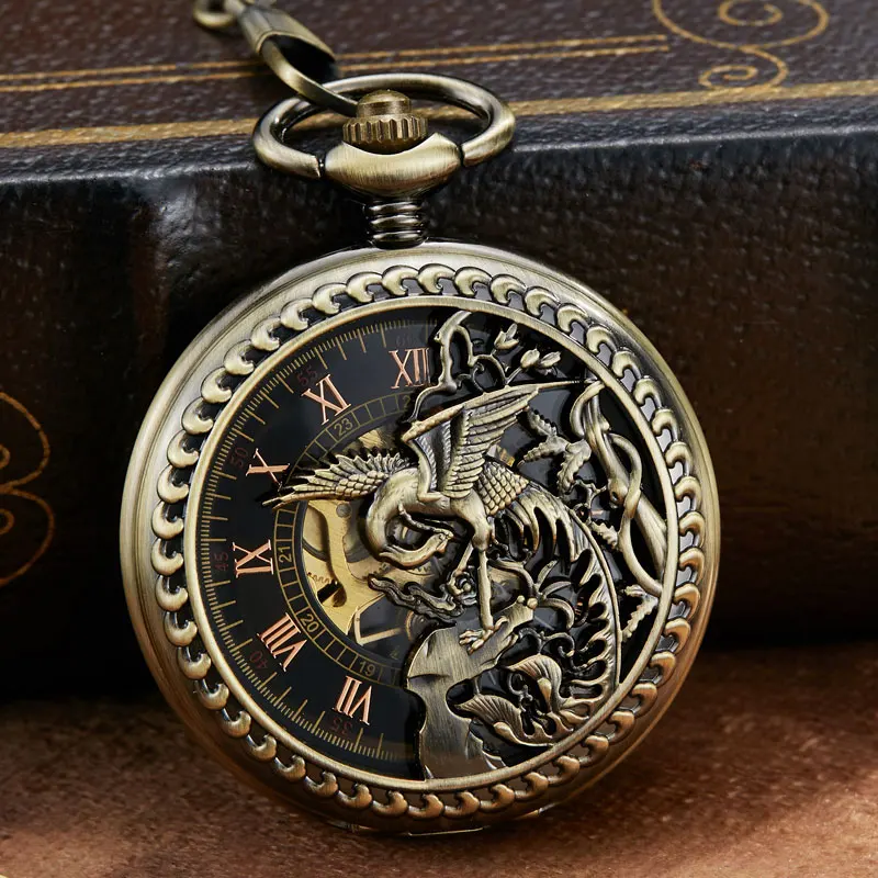 Phoenix Bird Mechanical Pocket Watch Hollow Roman Skeleton Clock Hand Winding Men Fob Chain Watches Carving Engraved Case Clock