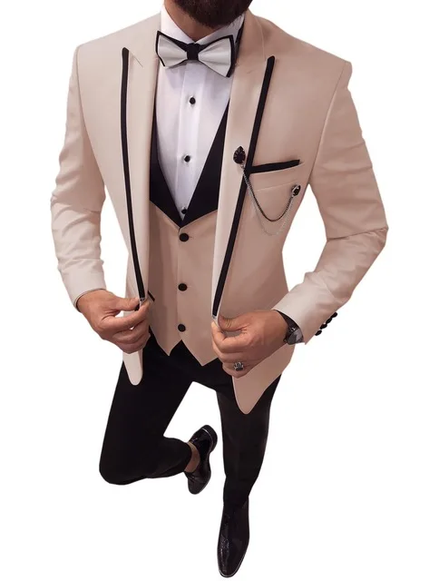 

Men's Suits 3 Pieces Ivory Lapel Single Breasted Slim Fit Casual Formal Business Groomsmen for Wedding Blazer+Pants+Vest