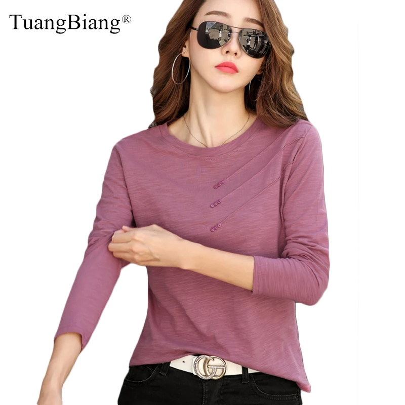 2023 Spring Summer Long Sleeve Women Bamboo Cotton Casual Solid T-Shirt Female Loose Fashion Button T Shirts O-Neck Purple Tops