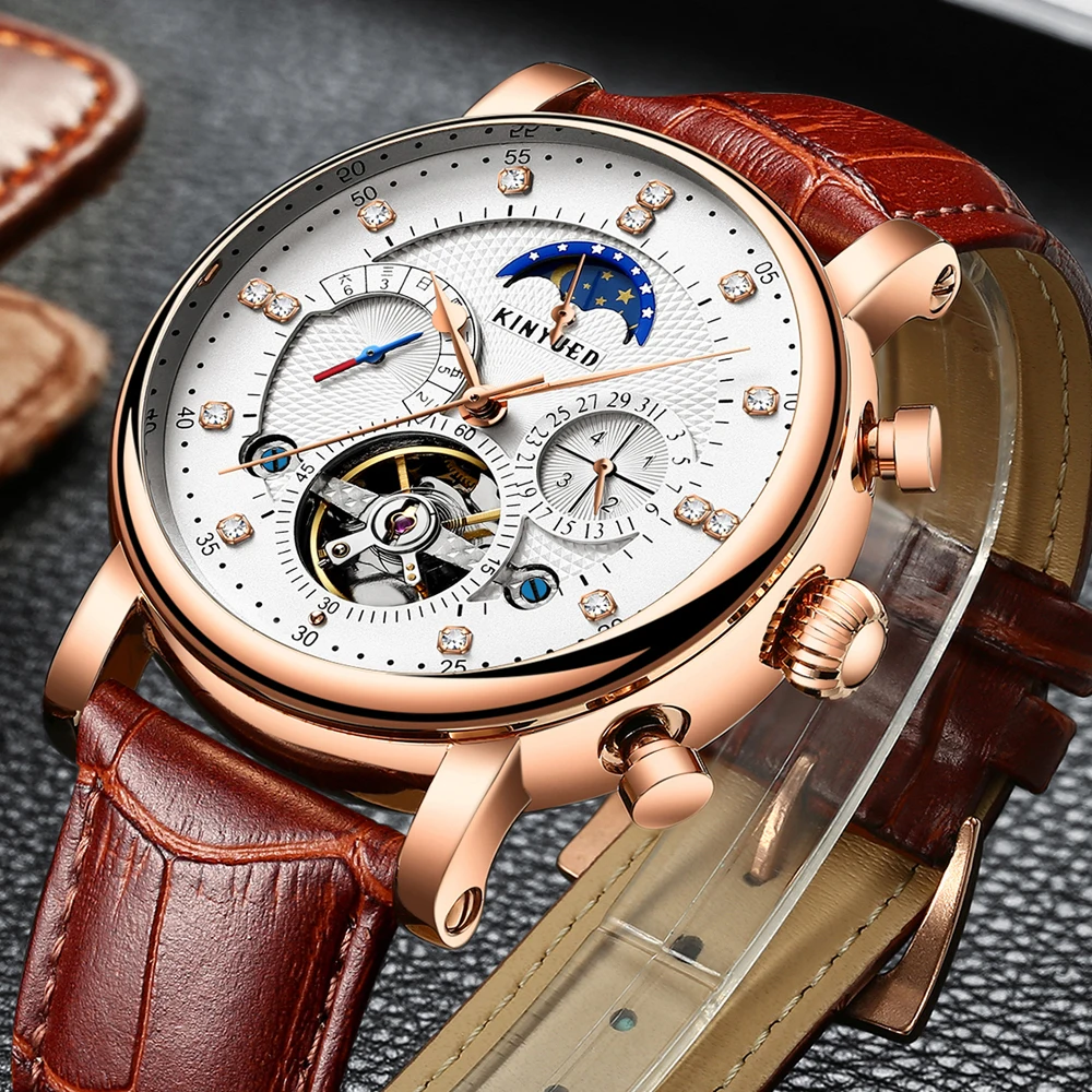 Relojes clásicos de negocios para hombre, reloj mecánico automático de Tourbillon lunar, de pulsera militar, de cuero genuino, resistente al agua