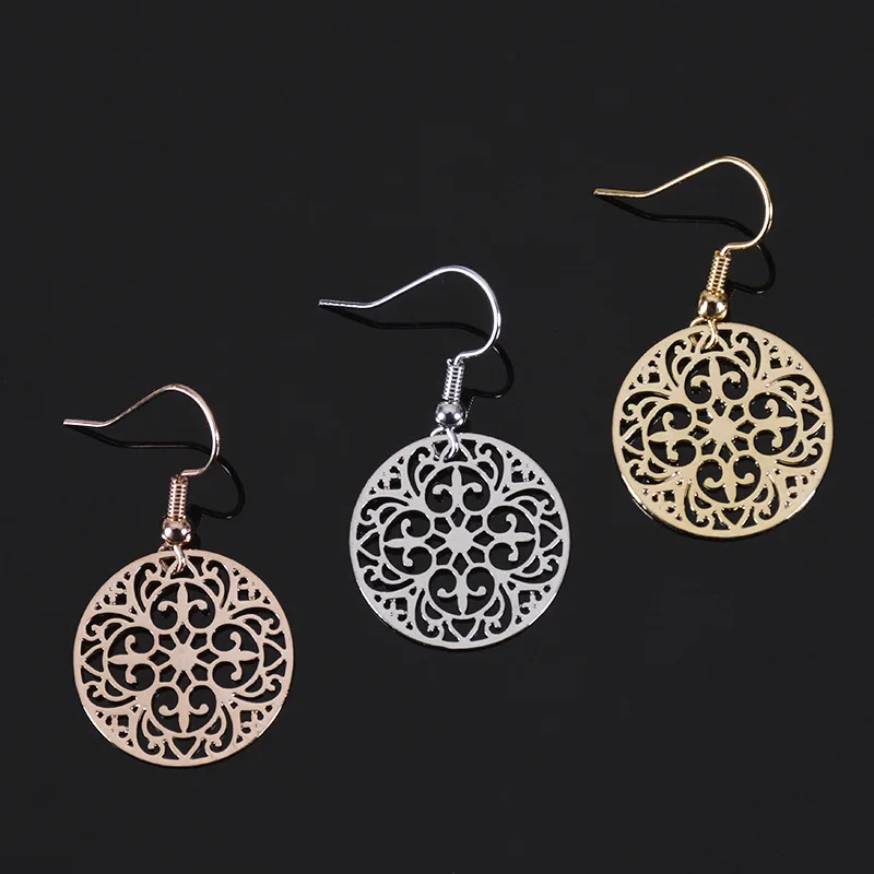 New Fashion Jewelry Women' Daily Life Gifts Circular Carved Metal Plate Hollowed Out Rose Gold Plated Court Retro Style Earrings