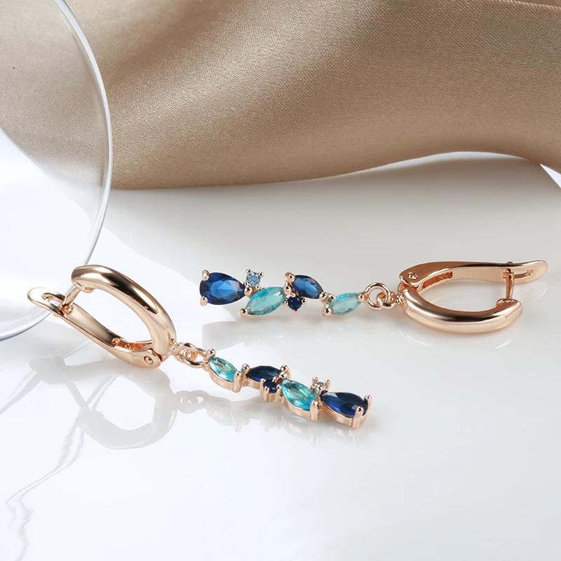 Kinel New Blue Water Drop Long Earrings 585 Rose Gold Romantic Wedding Women Fashion Jewelry Horse Eye Natural Zircon Earrings