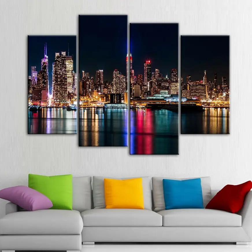 

No Framed 4 Pcs New York City Skyline Night Wall Art Canvas Posters Pictures Paintings Home Decor for Living Room Decorations