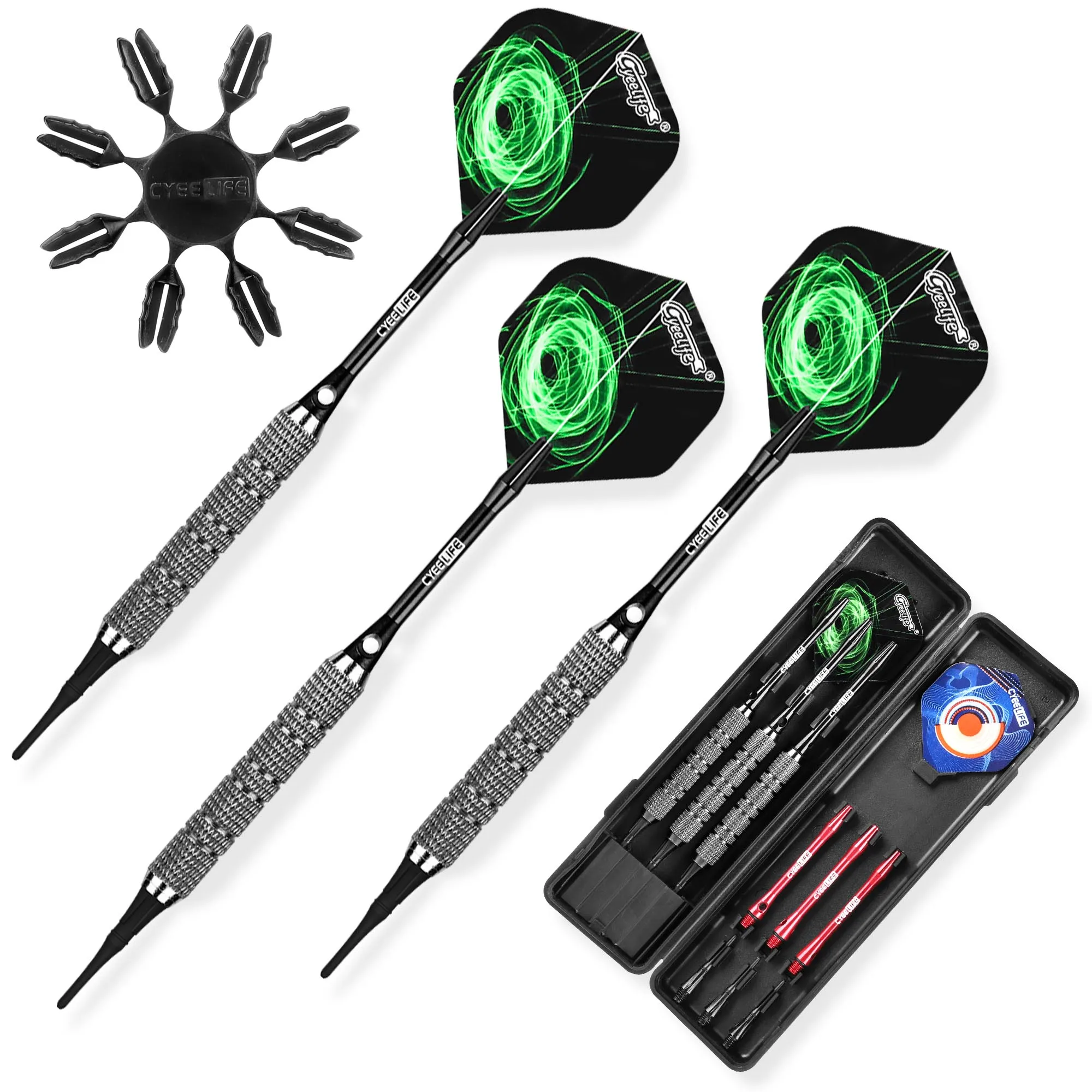 CyeeLife 16/18/22g Soft tip darts with Carry Case,6 Aluminium Shafts(2 Colors)+Extra Flights+Plastic Protectors