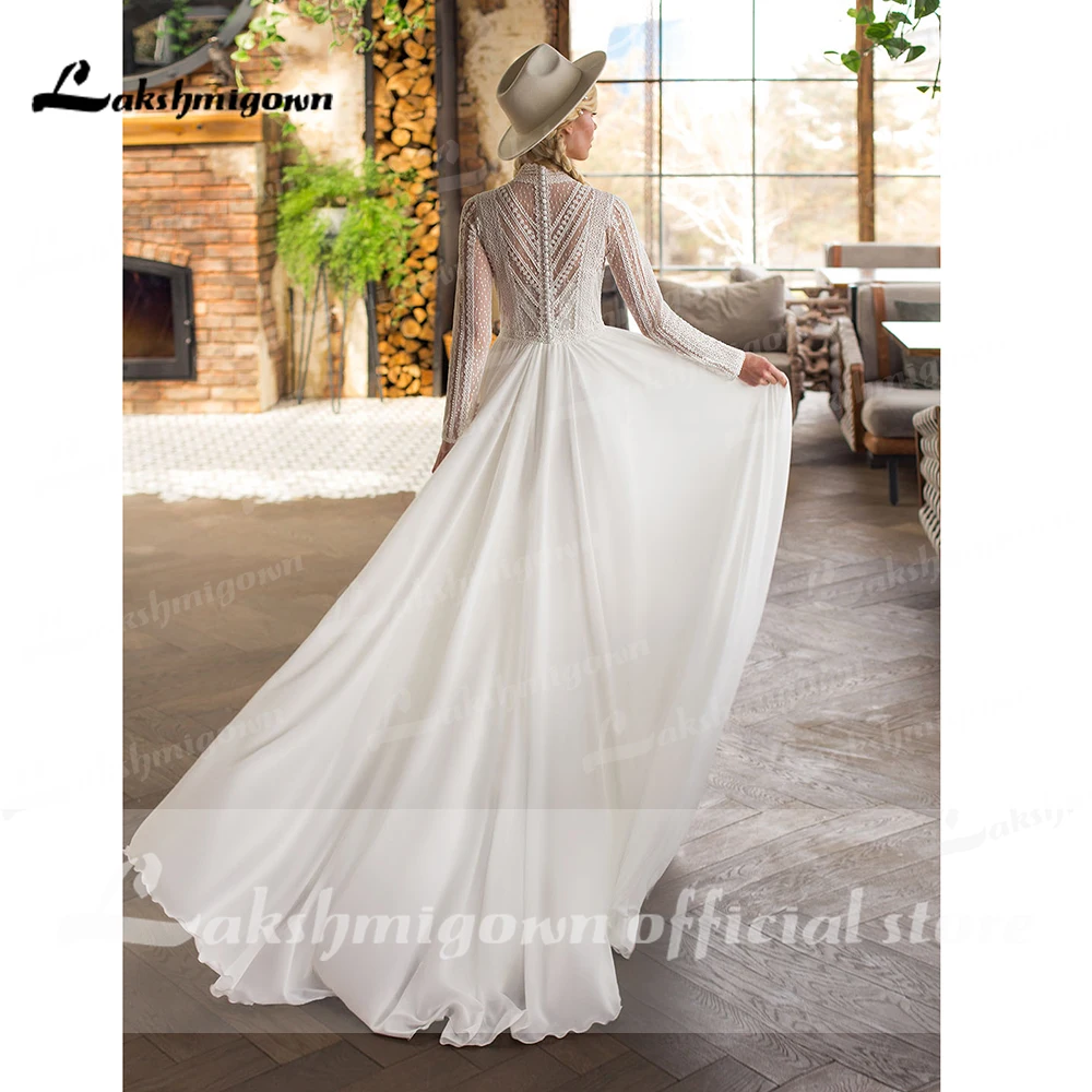 Elegant Long Sleeve High Neck Lace Chiffon A Line Wedding Dresses With Back Buttons Beach vestidos de novia bohemio verano 2022