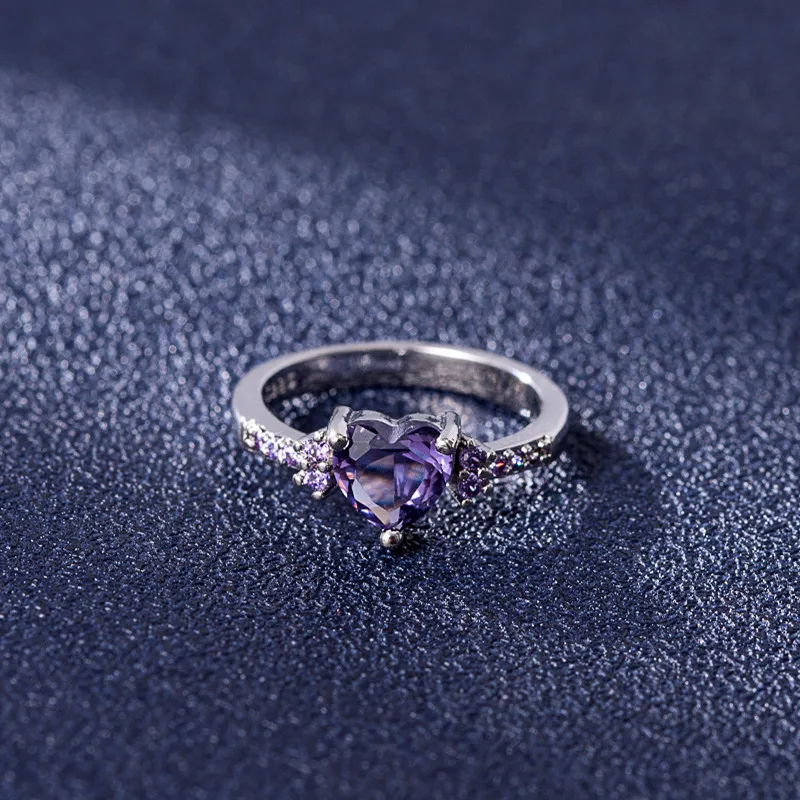 Heart Ring 925 Silver Jewelry with Purple Zircon Gemstone Finger Rings for Women Wedding Promise Bridal Party Gift Accessories