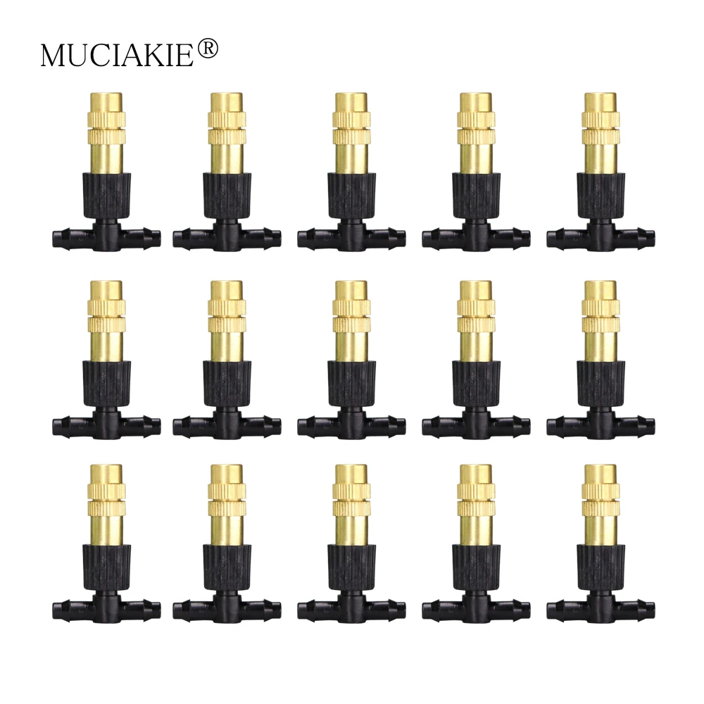 

MUCIAKIE 20/50/100/200PCS Copper Misting Nozzle 1/4'' Barb Tee Connector Adjustable Brass Mist Spray Atomizer Watering Garden