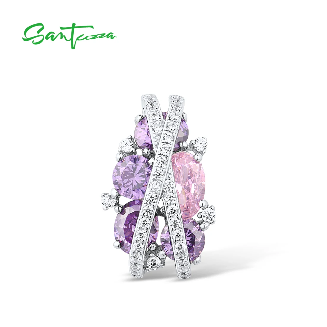 SANTUZZA Pure 925 Sterling Silver Pendant For Women Sparkling Pink Amethyst Cubic Zirconia Elegant Party Trendy Fine Jewelry