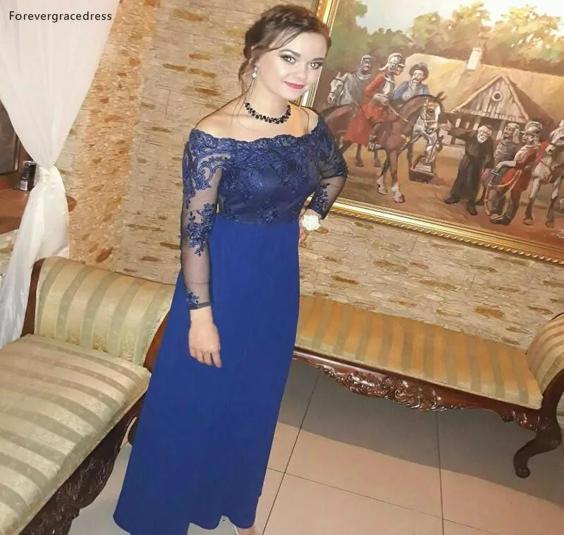 2019 Royal Blue Mother of the Bride Dresses Lace Long Sleeves Formal Godmother Evening Wedding Party Guests Gown Plus Size