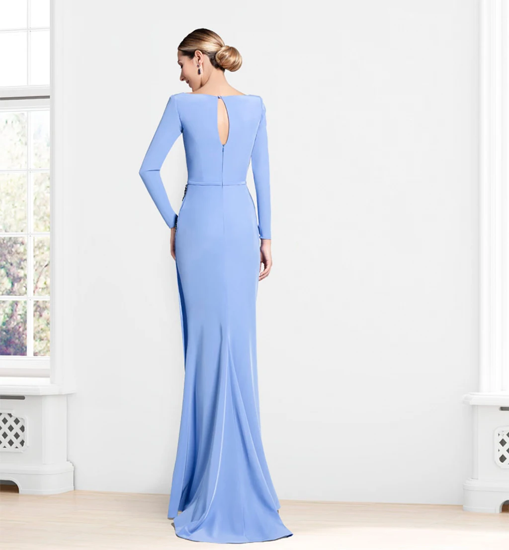 V-Neck Long Sleeve Prom Dresses Light Sky Blue Elastic Satin Sheath Floor Length Evening Gowns Dress Formal