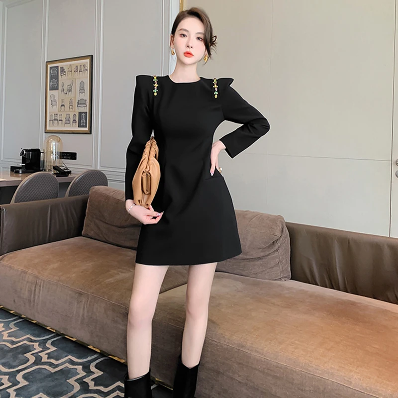 

Fashion Korean Autumn Vintage Sexy Square Collar Puff Sleeve Mini Party Club Dress Women Elegant Pocket Black Short Female Dress