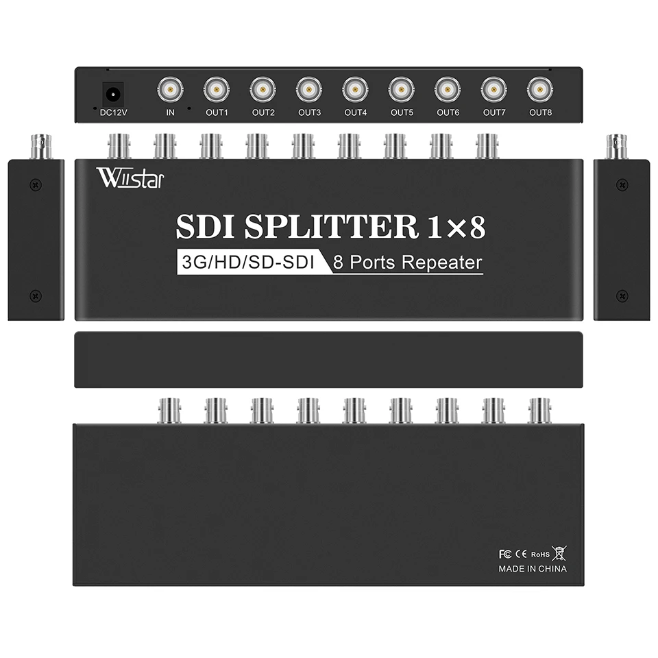 Imagem -03 - Wiistar Sdi Divisor 1x8 em para Fora Suporta sd hd 3g-sdi Repetidor Extensor com Adaptador de Energia Sdi Vídeo Splitter para Monitor