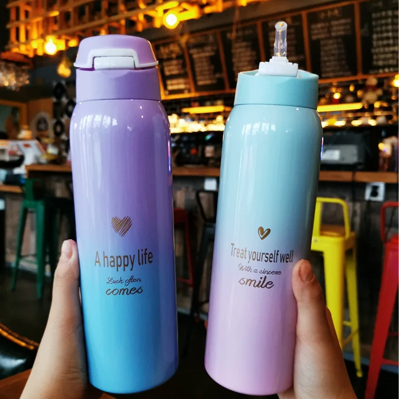 

Hot Sale 480ML Insulated Thermals Milk&Coffee Cup18/8 Stainless Steel Thermos Straw Water Bottle Gradient Sports Vacuum Flask