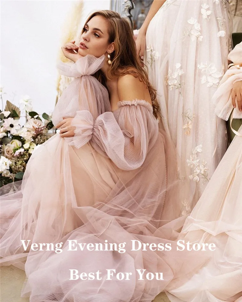 Verngo Dusty Pink Long Prom Dresses 2021 Off the Shoulder Sweetheart Tulle Romantic Elegant Princess Prom Party Gown Custom