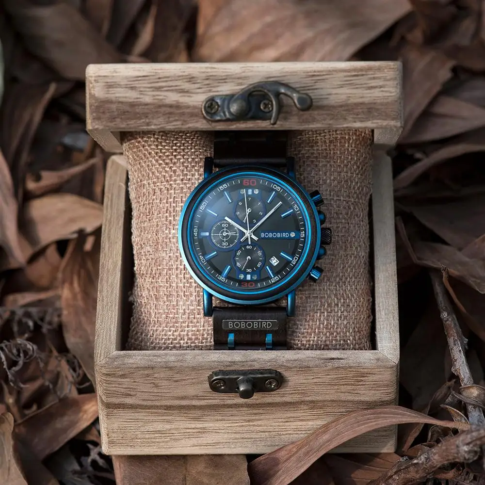 BOBO BIRD Sport Watches for Men Blue Top Brand Luxury Wood Military Wrist Watch Man Clock Chronograph Wristwatch Wood Gift Box