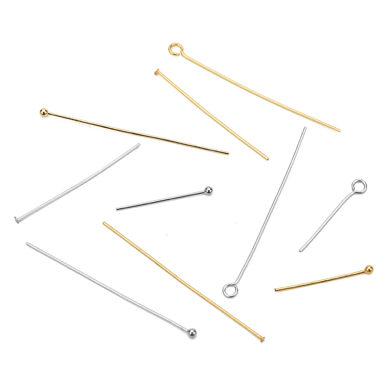 100pcs Stainless Steel Eye Flat Head Pins Needles Bulk 20mm 30mm 40mm Gold Color Ball Bead Headpins Connector For Jewelry Making