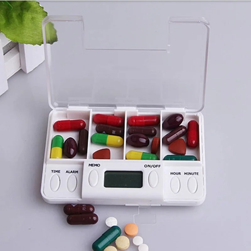 4 Grid Intelligent Plastic Storage Box Electronic Timing Reminder Medicine Boxes Alarm Timer Pills Desk Organizer Pill Container