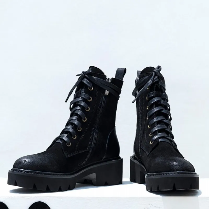 

Boots Lace Up Motorcycle Women Vintage High Quality Leather Thick Heel Platform Botas Shoes Autumn Winter Fashion Ankle Boots