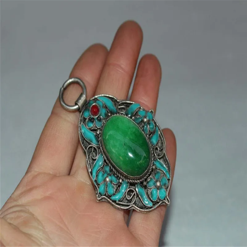 Tibet And Nepal Folk Cloisonne Inlaid With Turquoise Jade Pendant