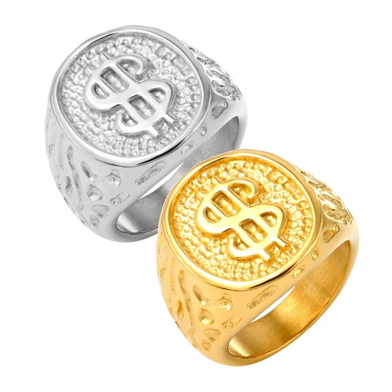 Classic Gold Color US Dollar Sign Men's Rings Stainless Steel Vintage Square Rings For Men Luxury  Jewelry