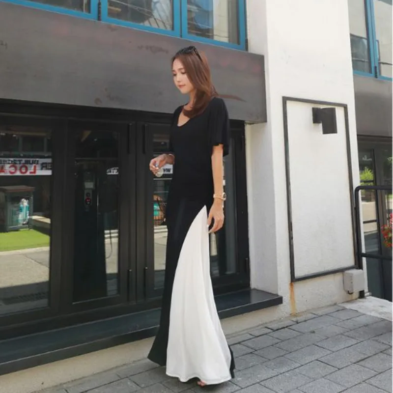 2022 Summer New Black And White Hit Color Patchwork Dresses For Woman Short Sleeve Famale Fashion Tide Clothing E001