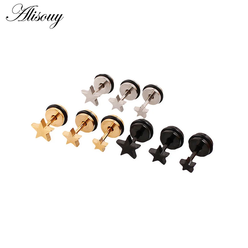 2PCS 7 10mm Height Five-pointed Star Stainless Steel Punk Men Screw Back (pierced) Stud Earrings 2 Colors