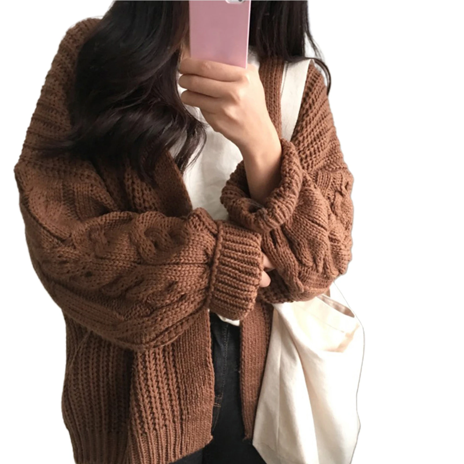 Oversized Knit Sweater Autumn Winter Women Long Sleeve Twisted Knitted Coat Open Front Sweater Cardigan