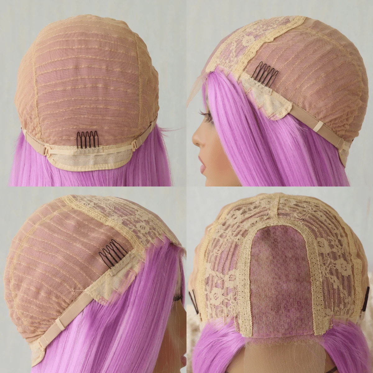 Peruca de cabelo reto longo roxo claro para mulheres, cabelo de fibra resistente ao calor sem cola, perucas sintéticas, moda