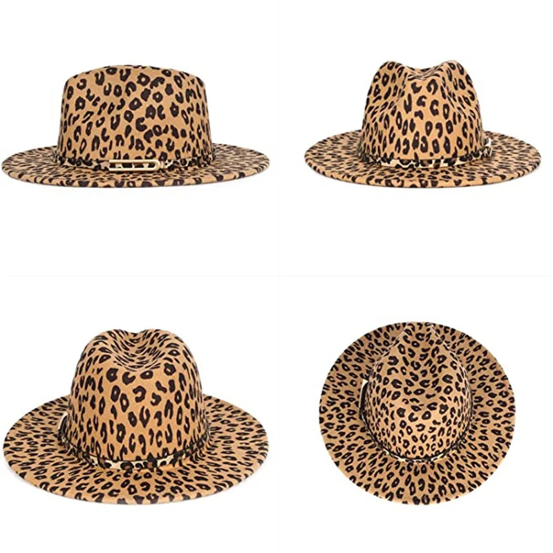 Two Tone Fedora Hat Mens & Womens Wide Brim Felt Leopard Belt Buckle Panama Jazz Hat Dress