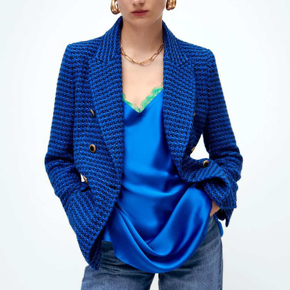 

New Fashion Women Double Breasted Tweed Jacket Check Slim Blazer Coat Vintage Long Sleeve Pockets Female Blue Outerwear Chic