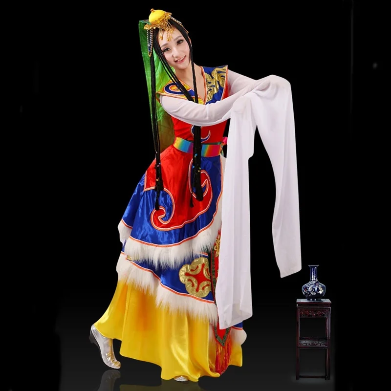 Mongolian Party Clothes Chinese Water Sleeve Folk Dance Costumes Clothing Stage Dancer Outfit Wear Performance Tibetan Dress